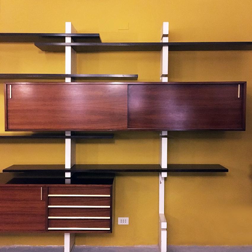 Brass Italian Rosewood and White Wooden Extenso Bookcase by AMMA Torino, 1960s