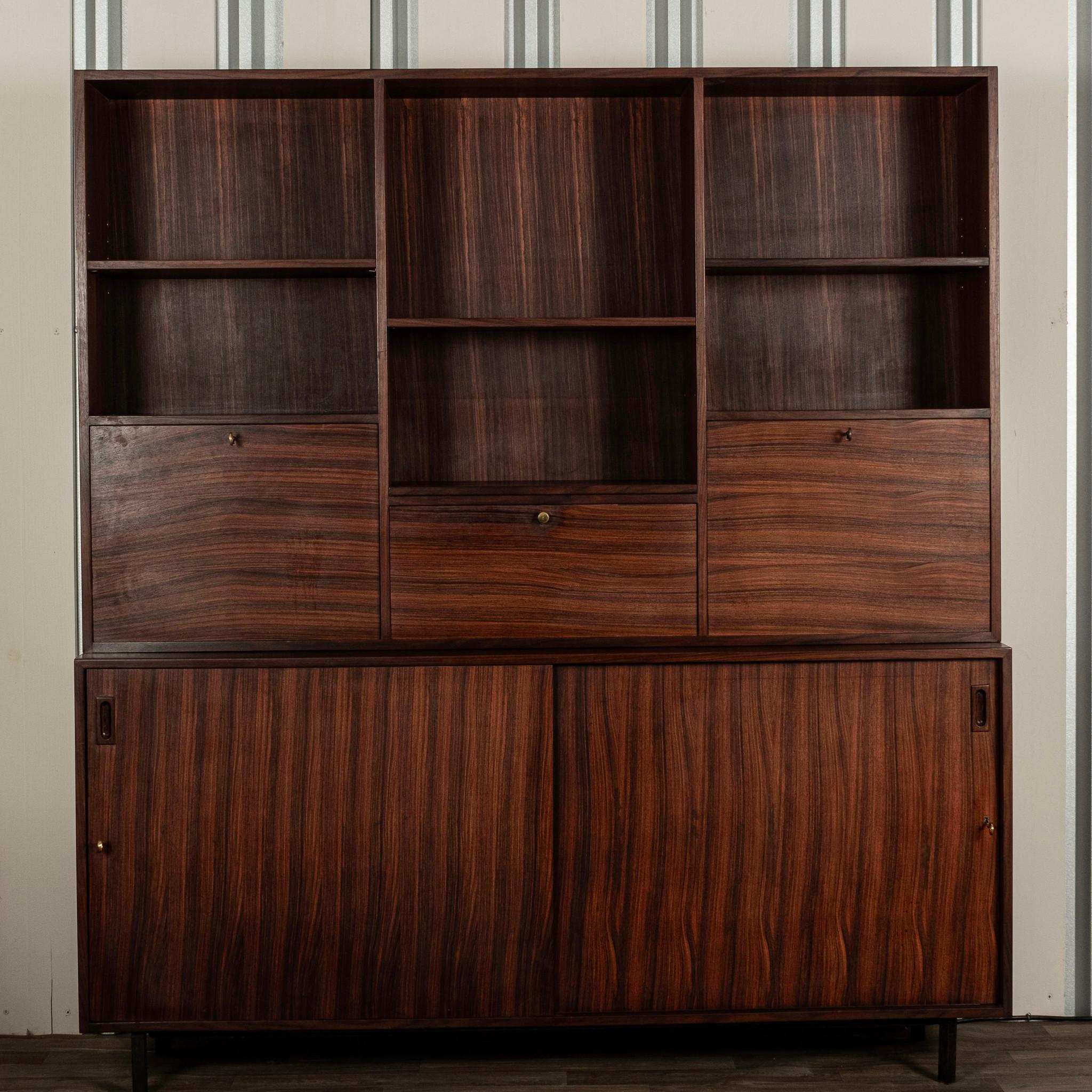 Brass Italian Rosewood Bookcase, circa 1960s. For Sale