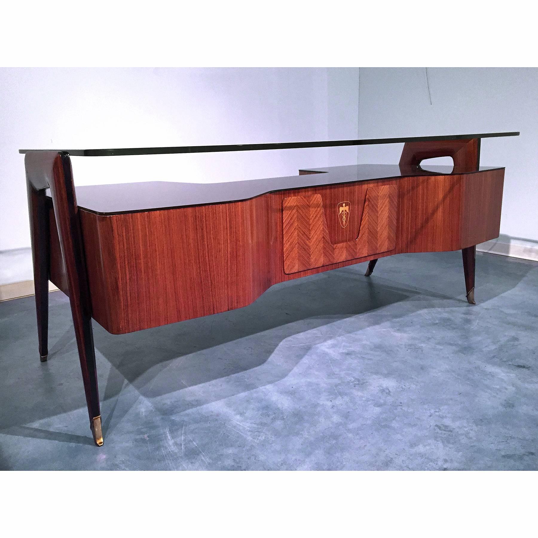 Glass Italian Mid-Century Rosewood Executive Desk by Vittorio Dassi, 1950s