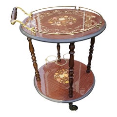 Retro Italian Rosewood Marquetry Round Tea Cart