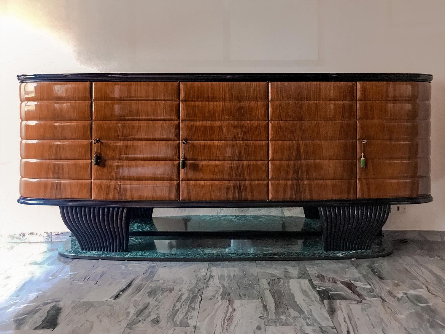 Carved Italian Rosewood Sideboard with Black Opaline Top by Vittorio Dassi, 1950s