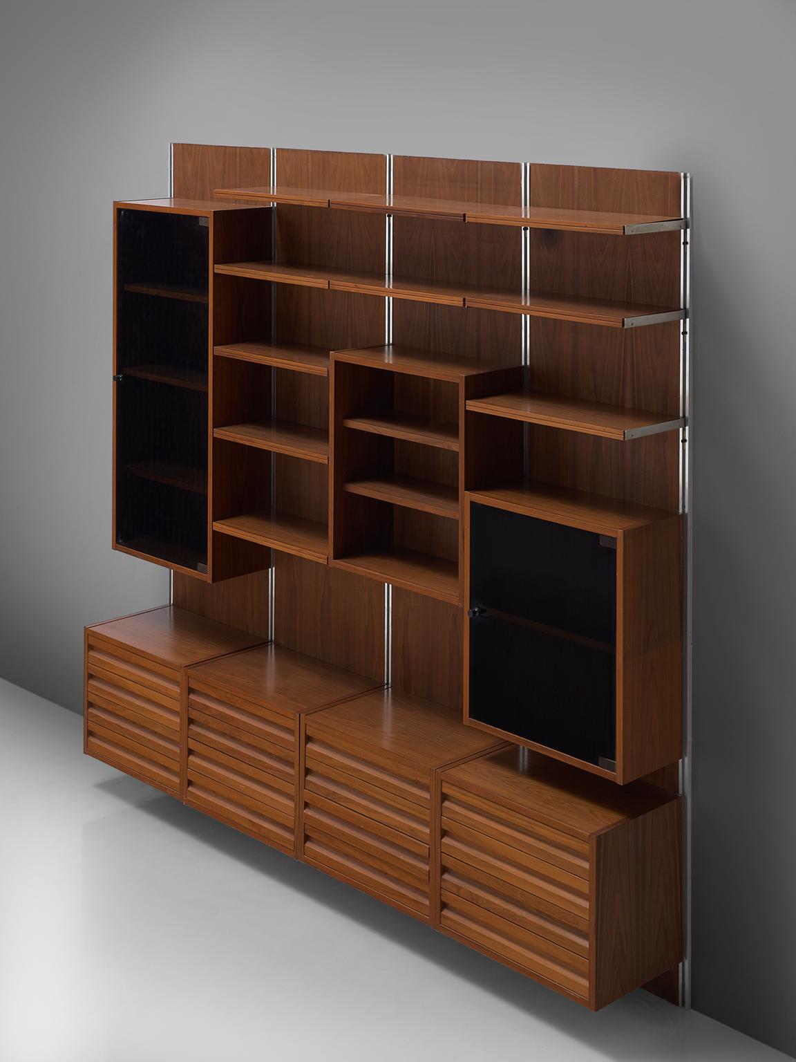 Mid-Century Modern Italian Walnut Wall Unit with Polished Steel