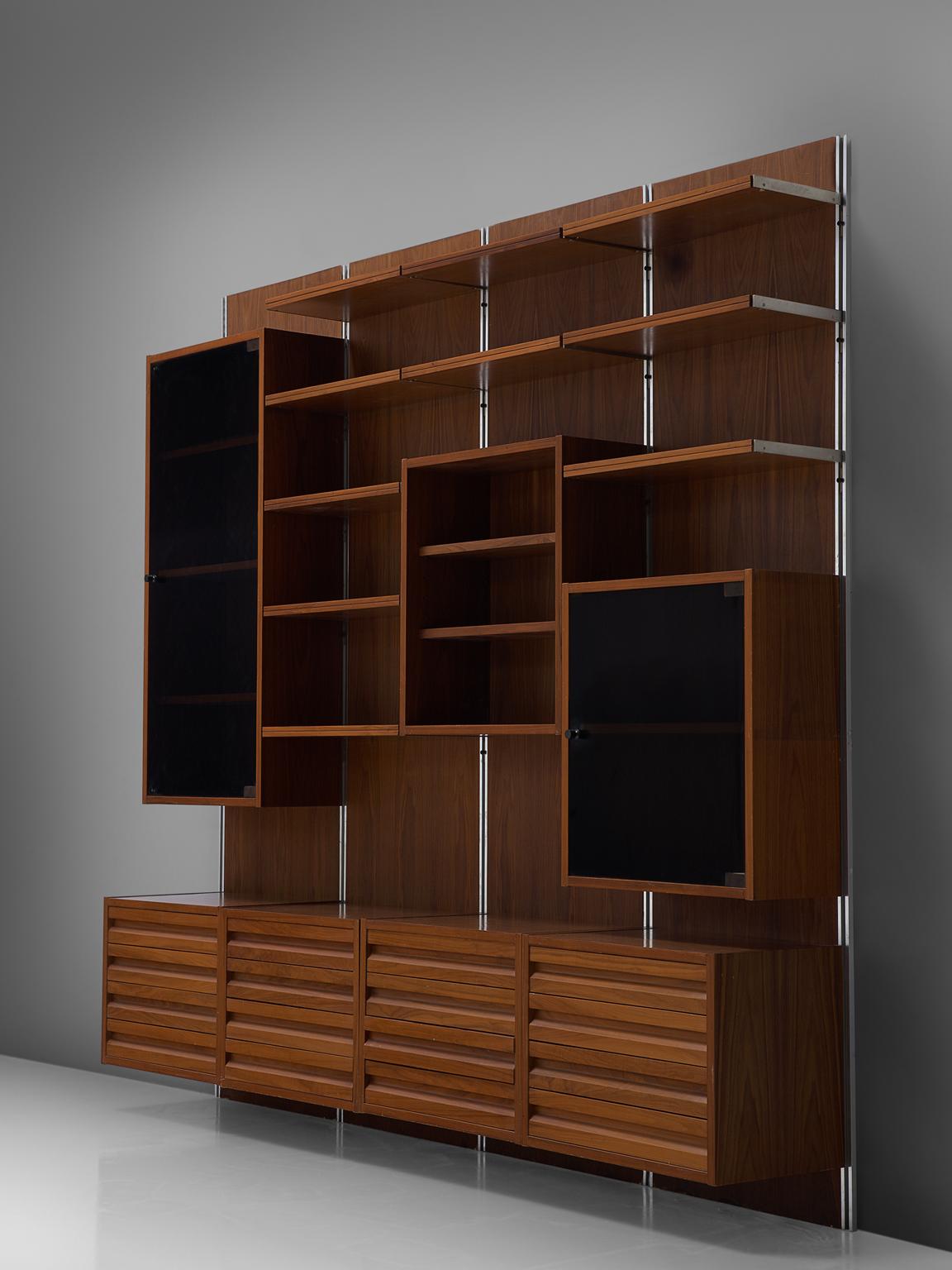 Italian Walnut Wall Unit with Polished Steel In Good Condition In Waalwijk, NL