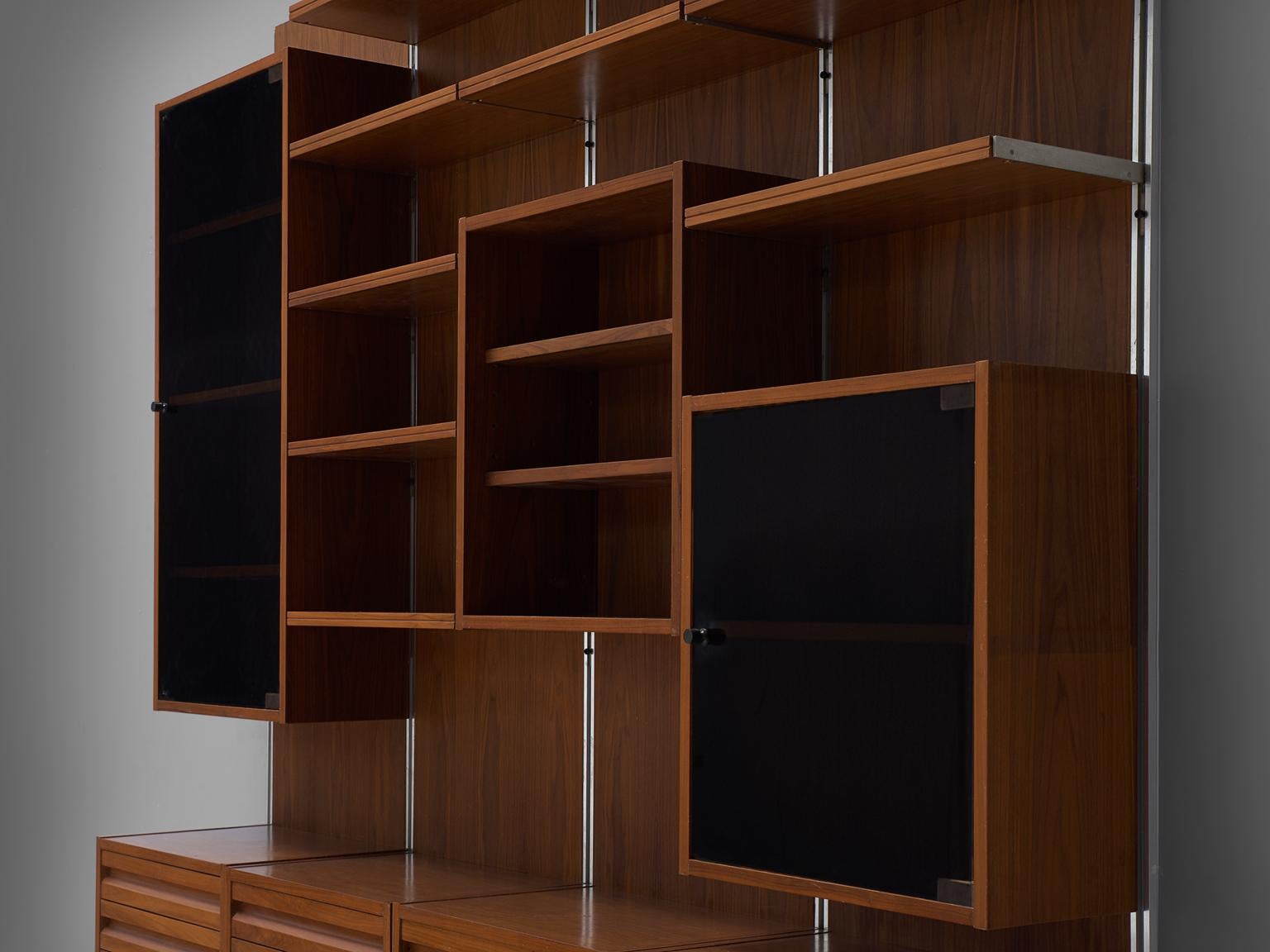 Mid-20th Century Italian Walnut Wall Unit with Polished Steel