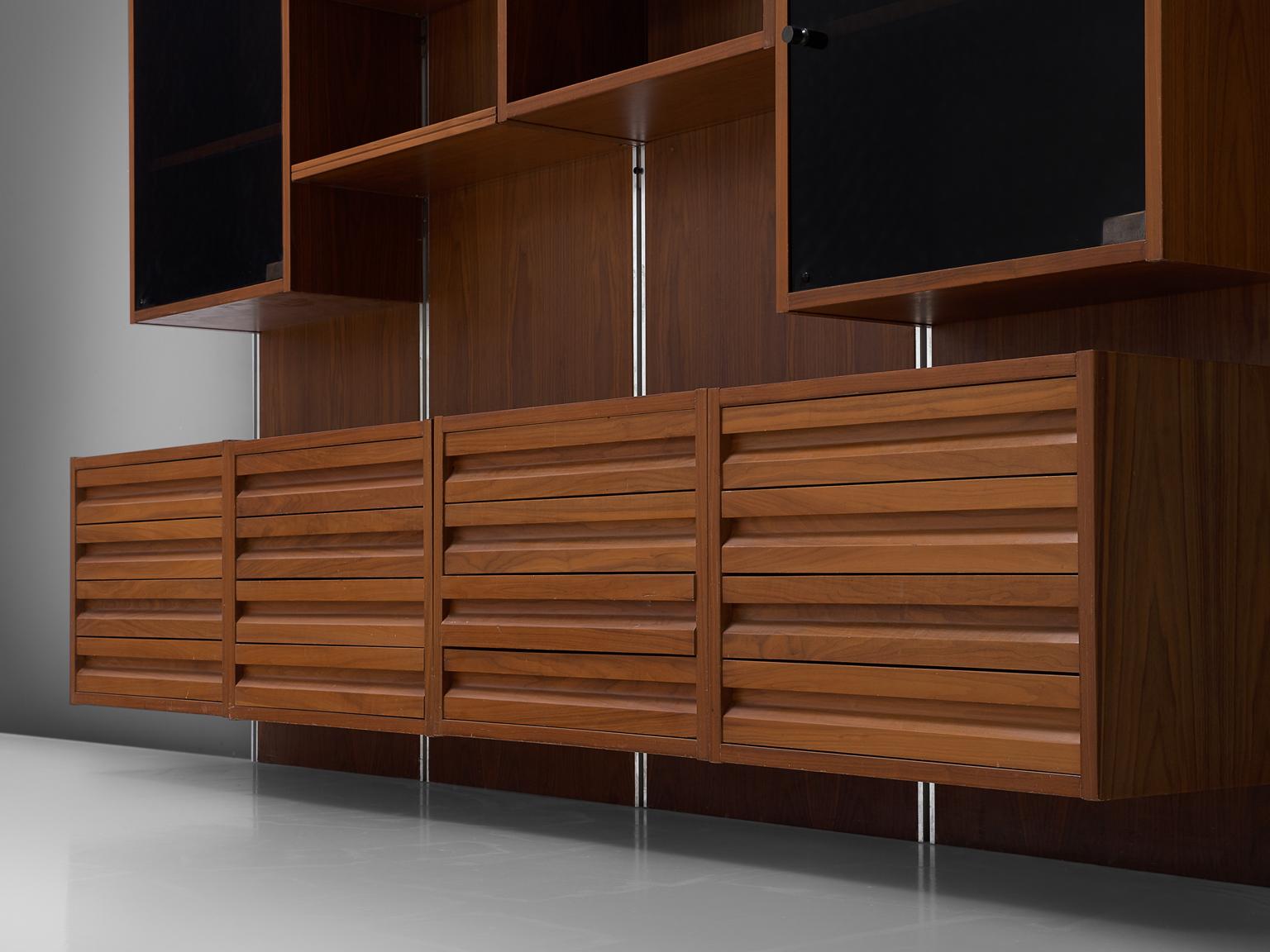 Glass Italian Walnut Wall Unit with Polished Steel
