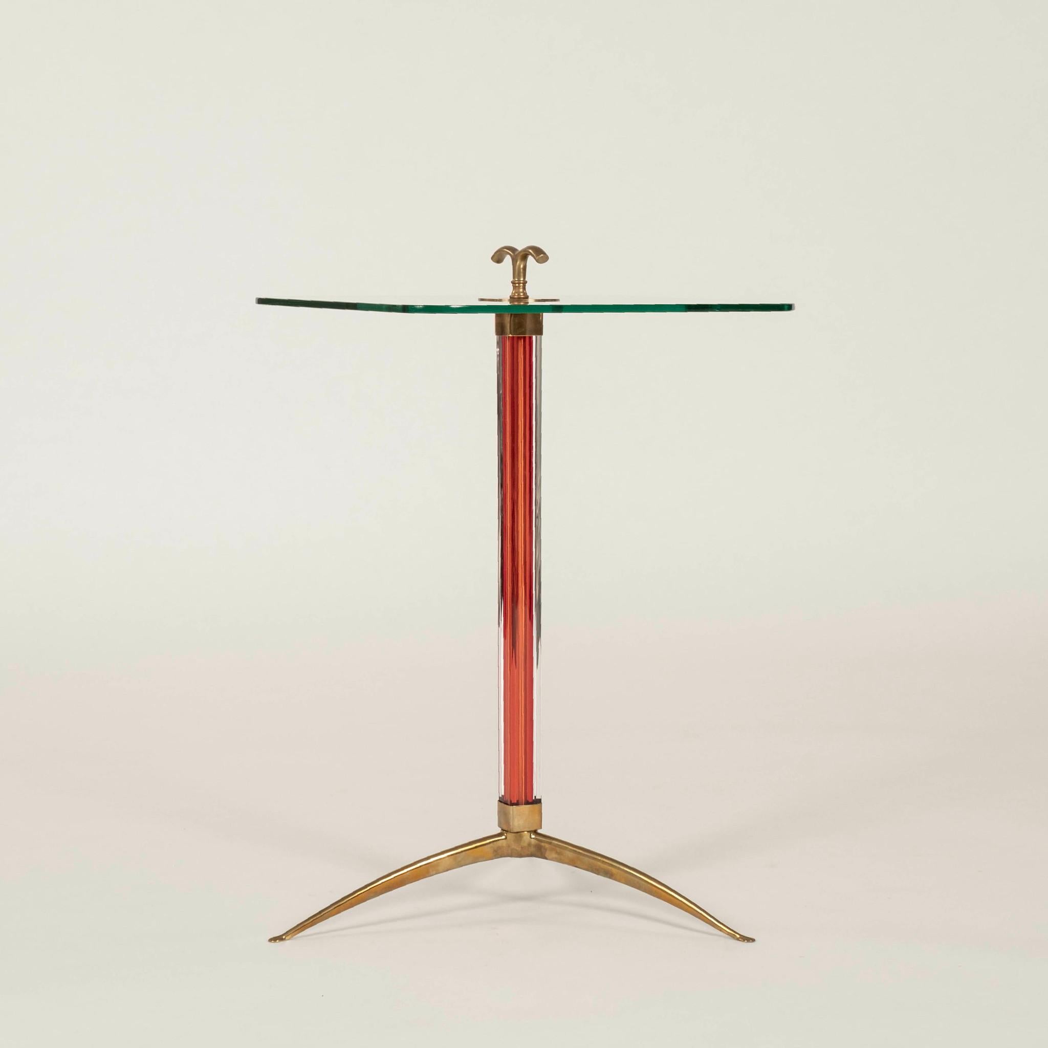 Modern Italian Rosso Red Murano Glass Brass Tripod Side Table For Sale