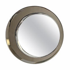 Espejo biselado redondo italiano con marco de cristal de bronce, Cristal Arte Años 70