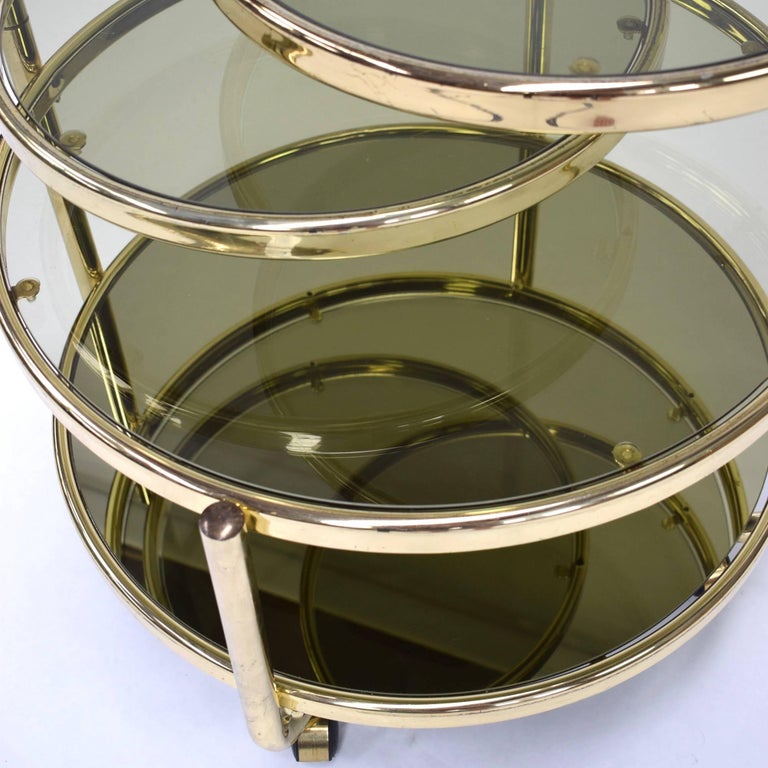Italian Round Brass and Glass Cocktail Bar Cart in Hollywood Regency
