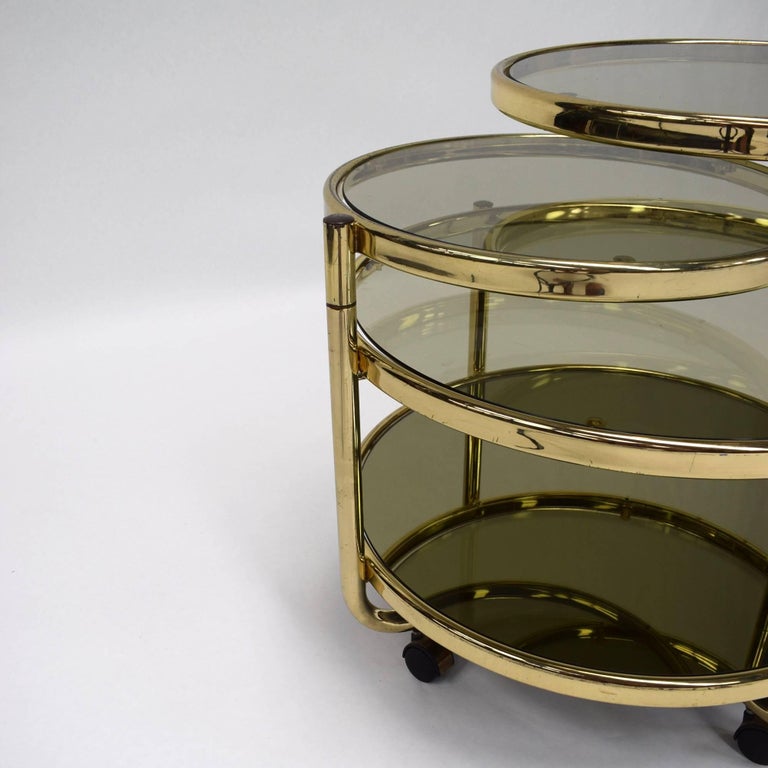 Italian Round Brass and Glass Cocktail Bar Cart in Hollywood Regency