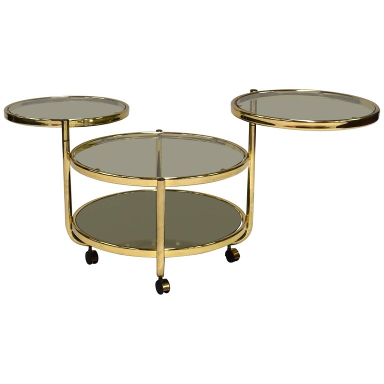 Italian Round Brass and Glass Cocktail Bar Cart in Hollywood Regency