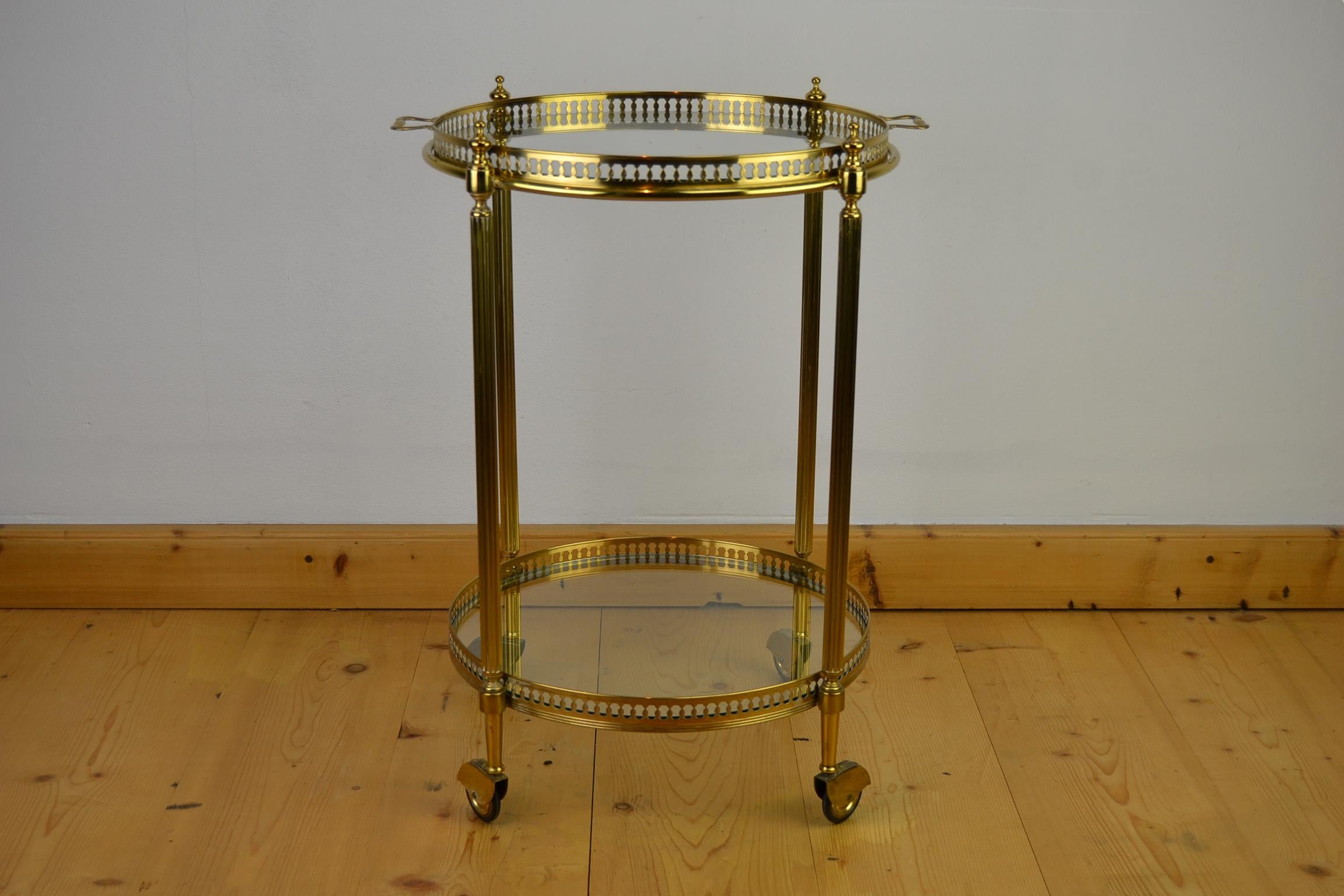 Italian Round Brass Bar Cart, Drink Trolley Cart with Removable Tray, 1950s 15