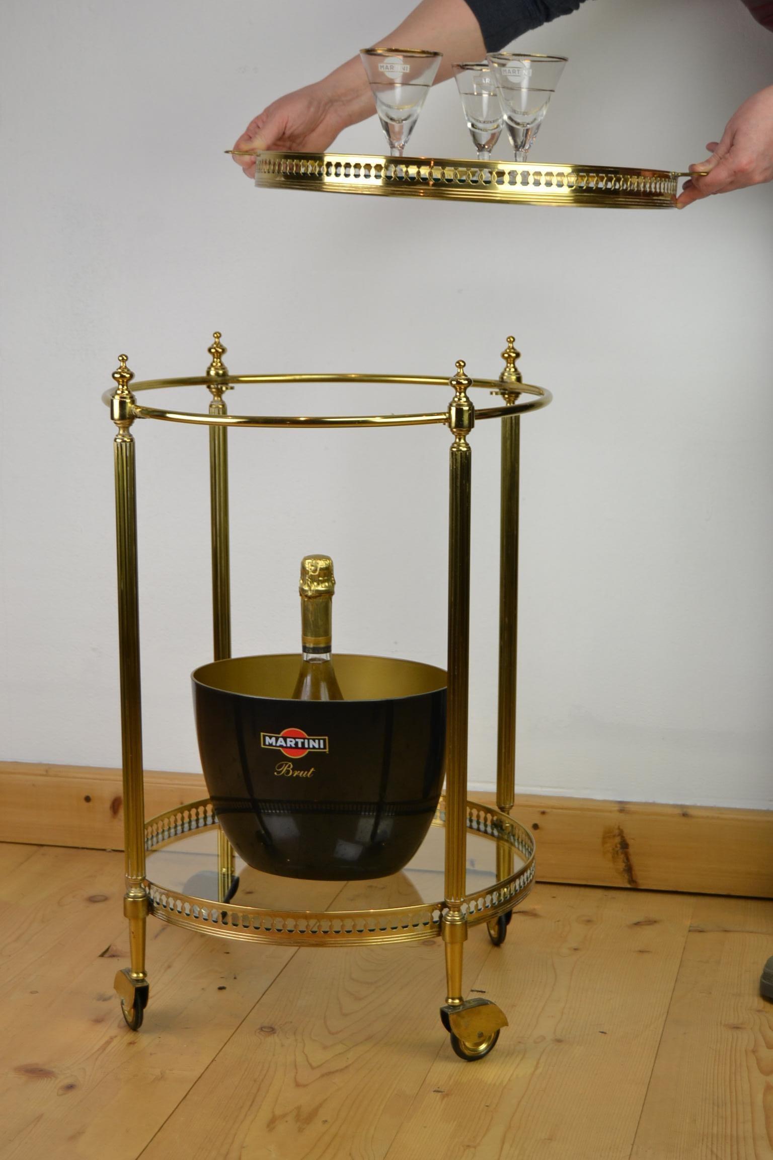 Mid-Century Modern Italian Round Brass Bar Cart, Drink Trolley Cart with Removable Tray, 1950s