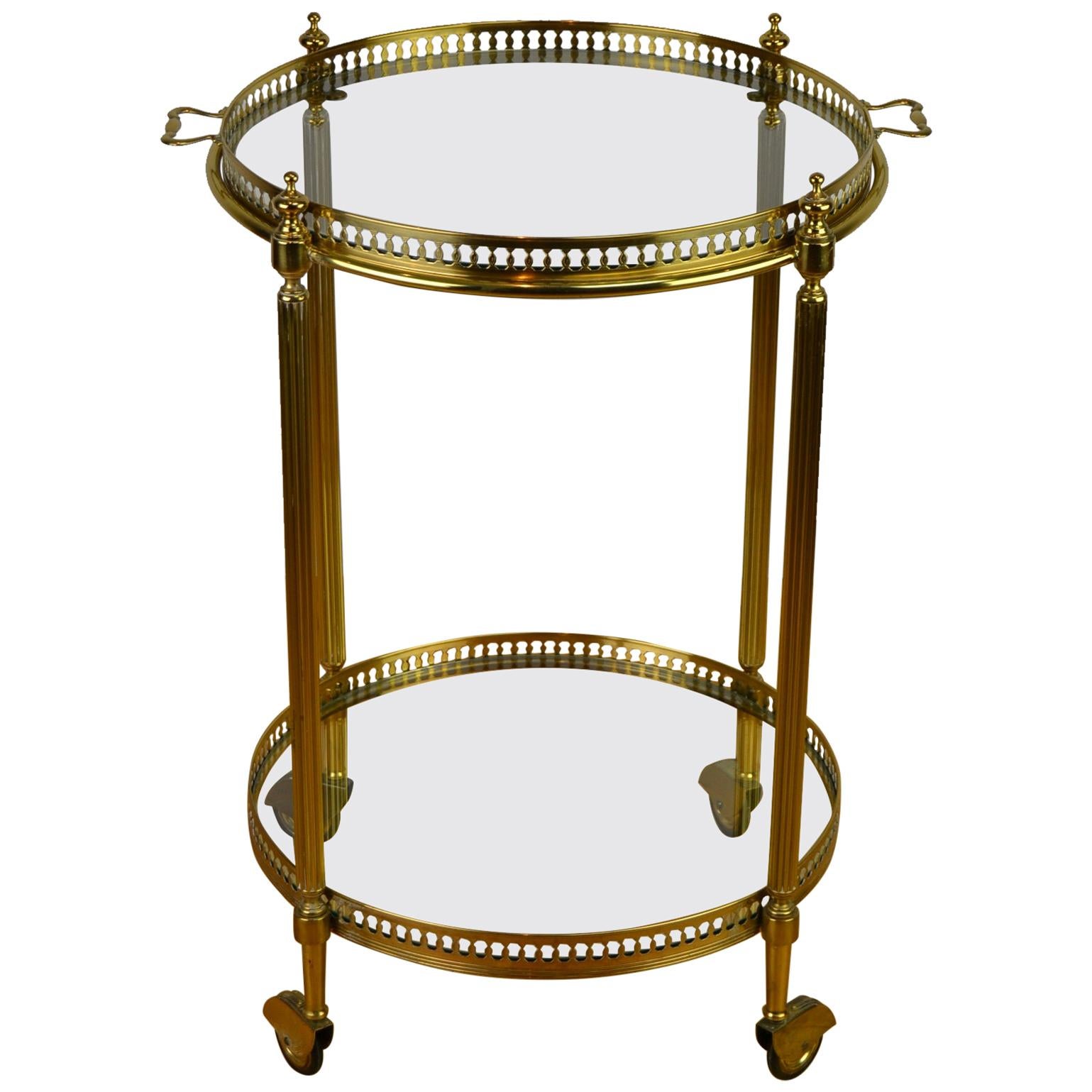 Italian Round Brass Bar Cart, Drink Trolley Cart with Removable Tray, 1950s