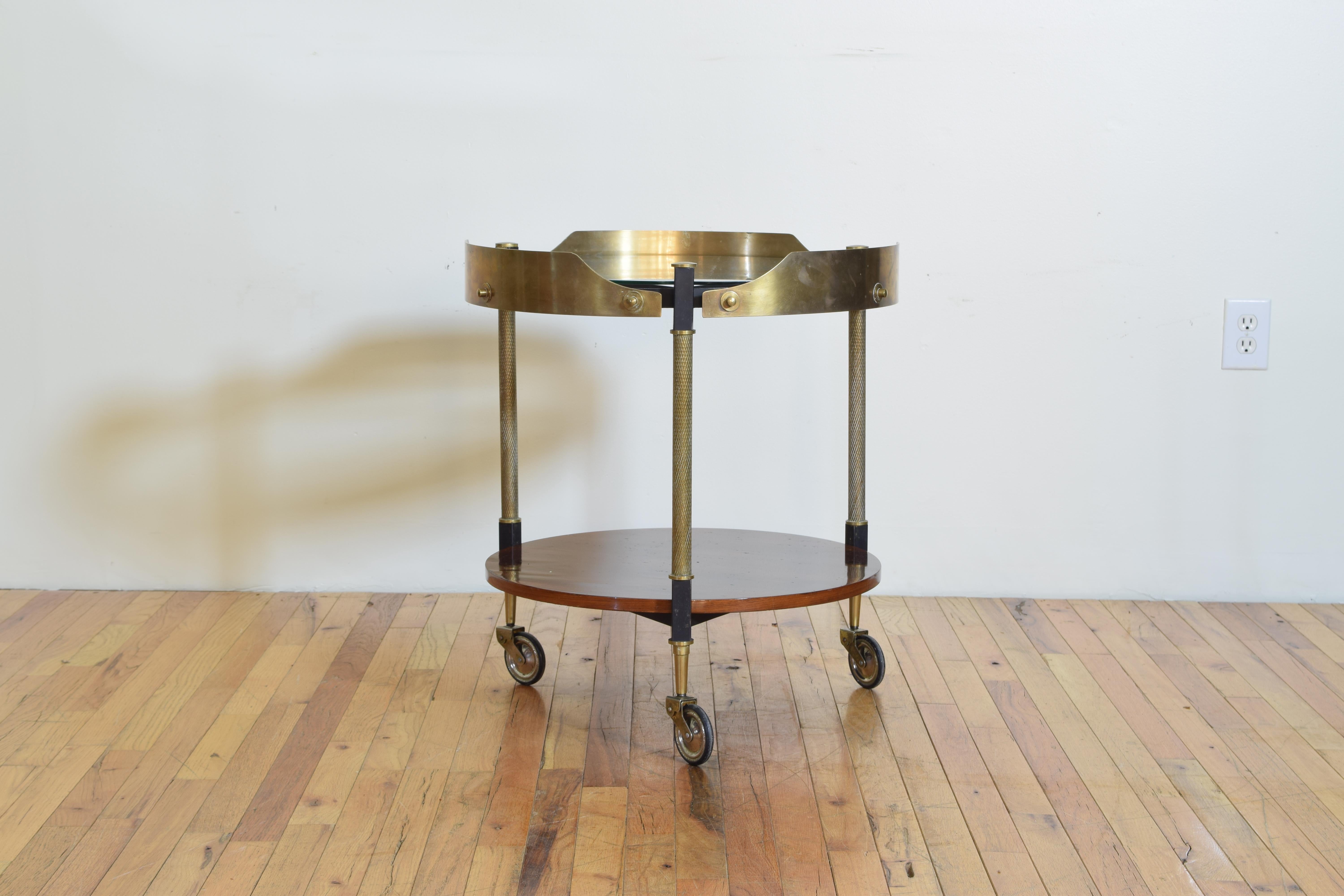 Mid-Century Modern Italian Round Brass, Glass, and Macassar 2-Tier Bar Cart, Mid-20th Century