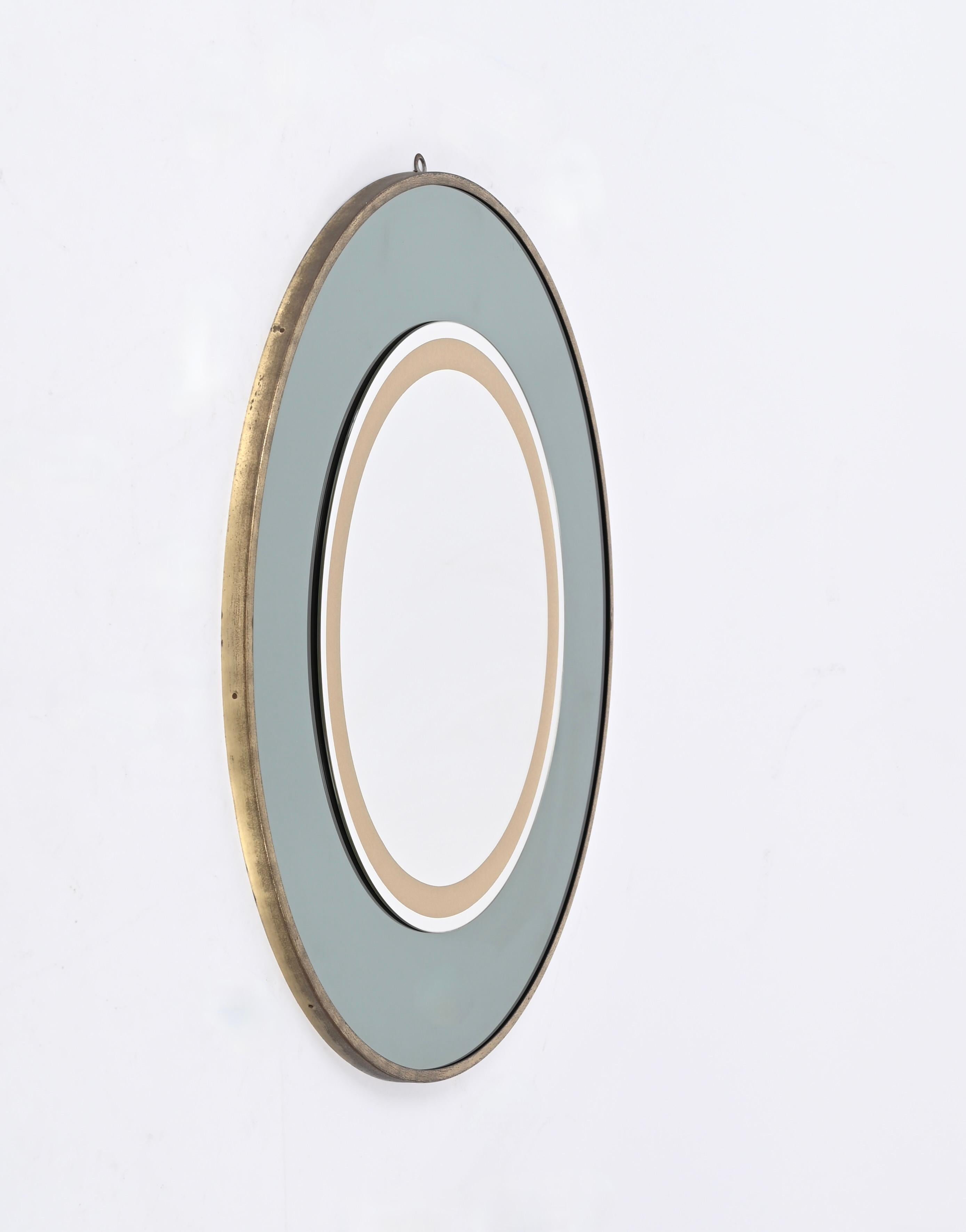 Mid-Century Modern Italian Round Brass Mirror in Sage Green and Gold by Cristal Art, 1970s  For Sale