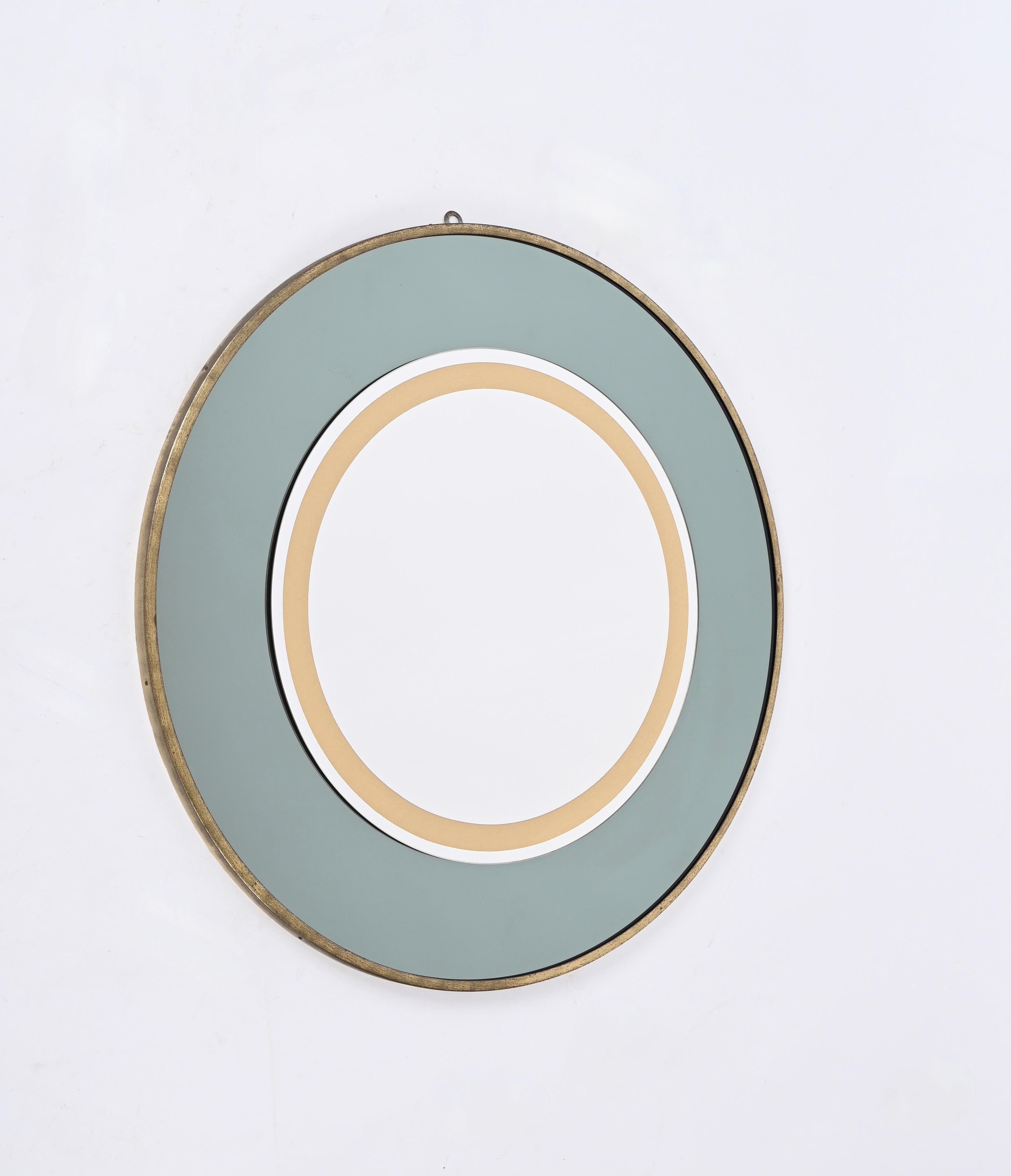 Mid-20th Century Italian Round Brass Mirror in Sage Green and Gold by Cristal Art, 1970s  For Sale
