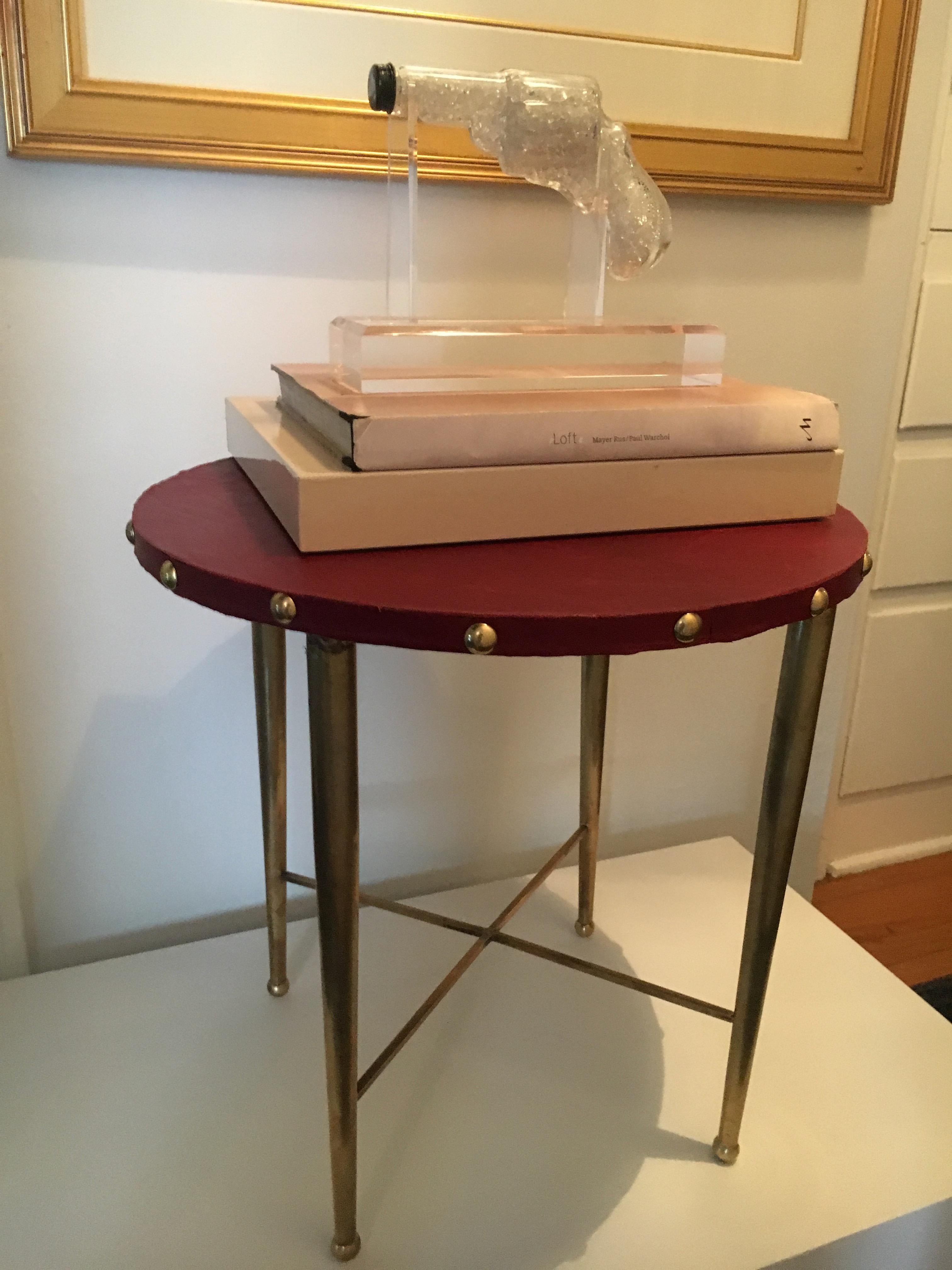 Italian Round Brass Table with Leather Top after Gio Ponti In Excellent Condition In Los Angeles, CA