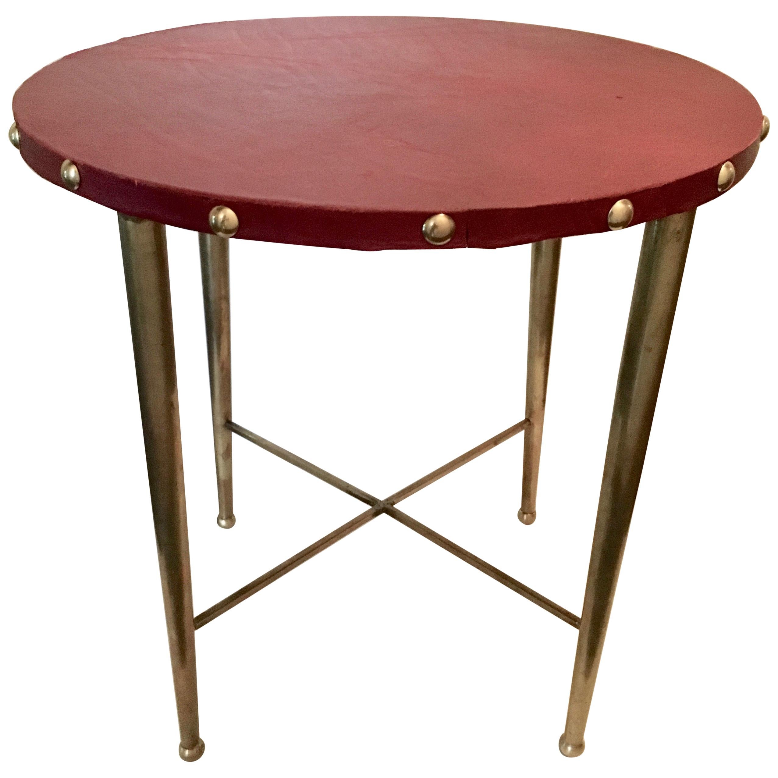 Italian Round Brass Table with Leather Top after Gio Ponti