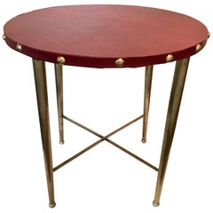 Italian Round Brass Table with Leather Top after Gio Ponti