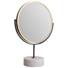 Italian Round Brass Vanity Mirror with Marble Base, 1950s