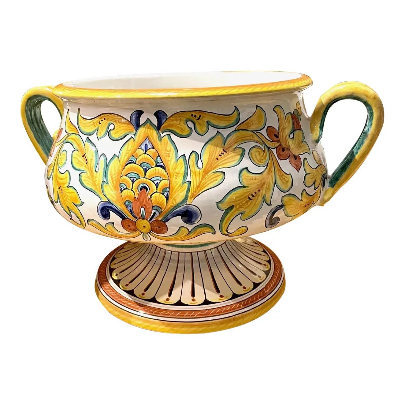 Italian Round Ceramic Centerpiece Bowl with Handles on Pedestal, Classical Art For Sale