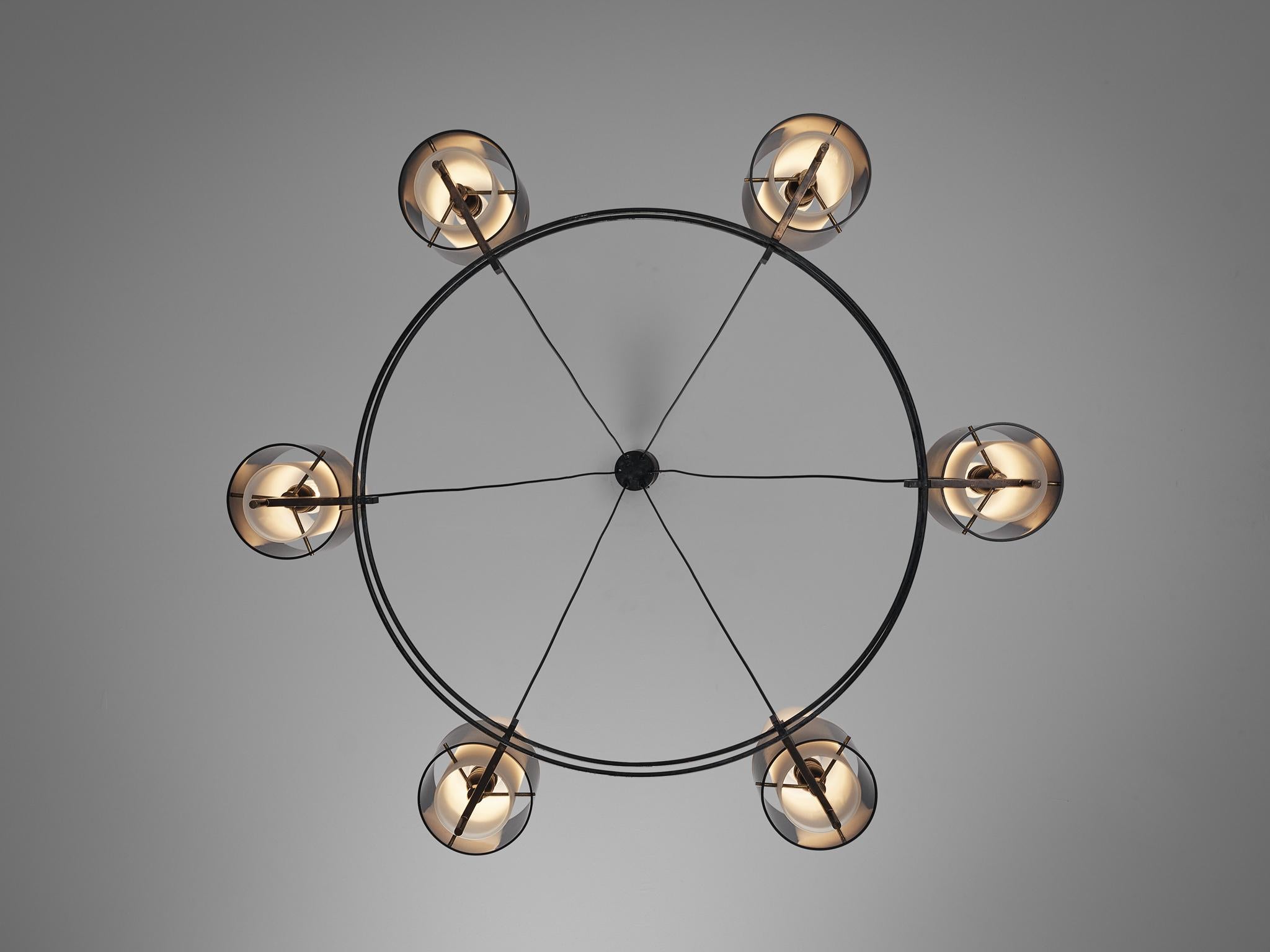Mid-Century Modern Italian Round Chandelier with Six Lamps