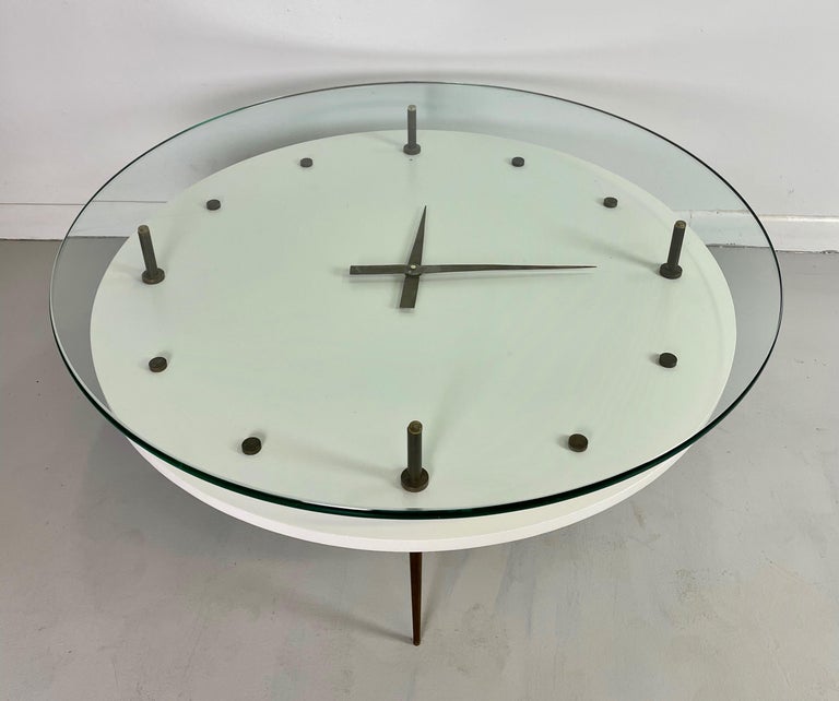 Italian Round Clock Coffee Table in Brass and Lacquer with Glass Top
