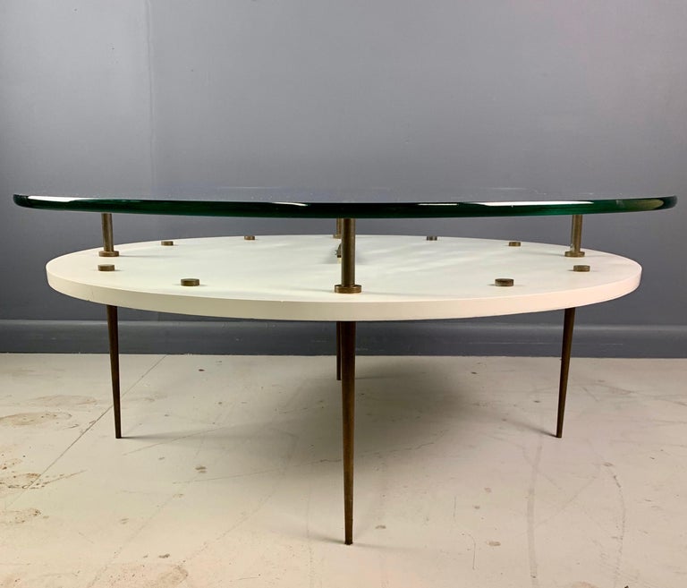 Italian Round Clock Coffee Table in Brass and Lacquer with Glass Top