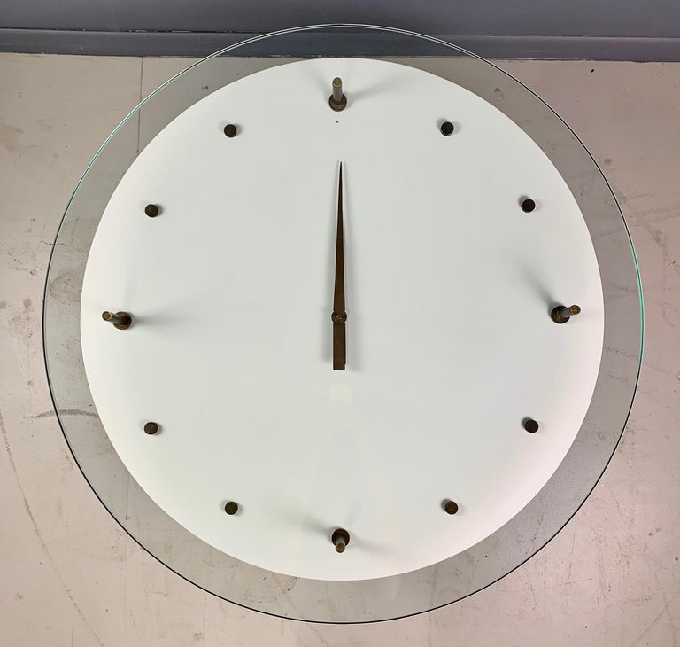 Italian Round Clock Coffee Table in Brass and Lacquer with Glass Top