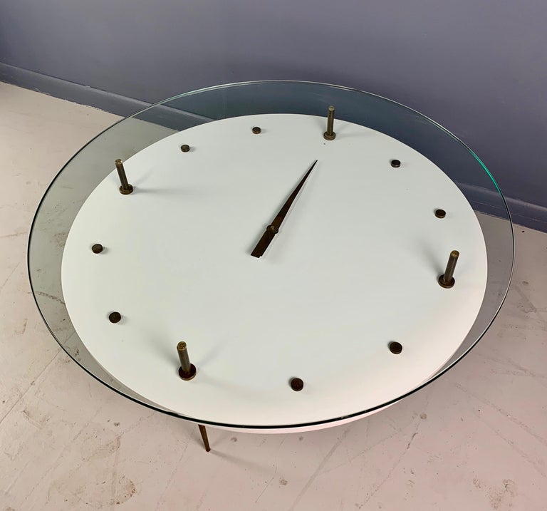 Italian Round Clock Coffee Table in Brass and Lacquer with Glass Top