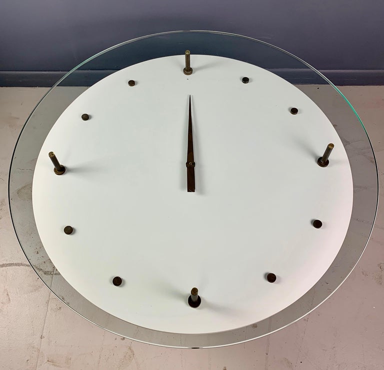 Italian Round Clock Coffee Table in Brass and Lacquer with Glass Top
