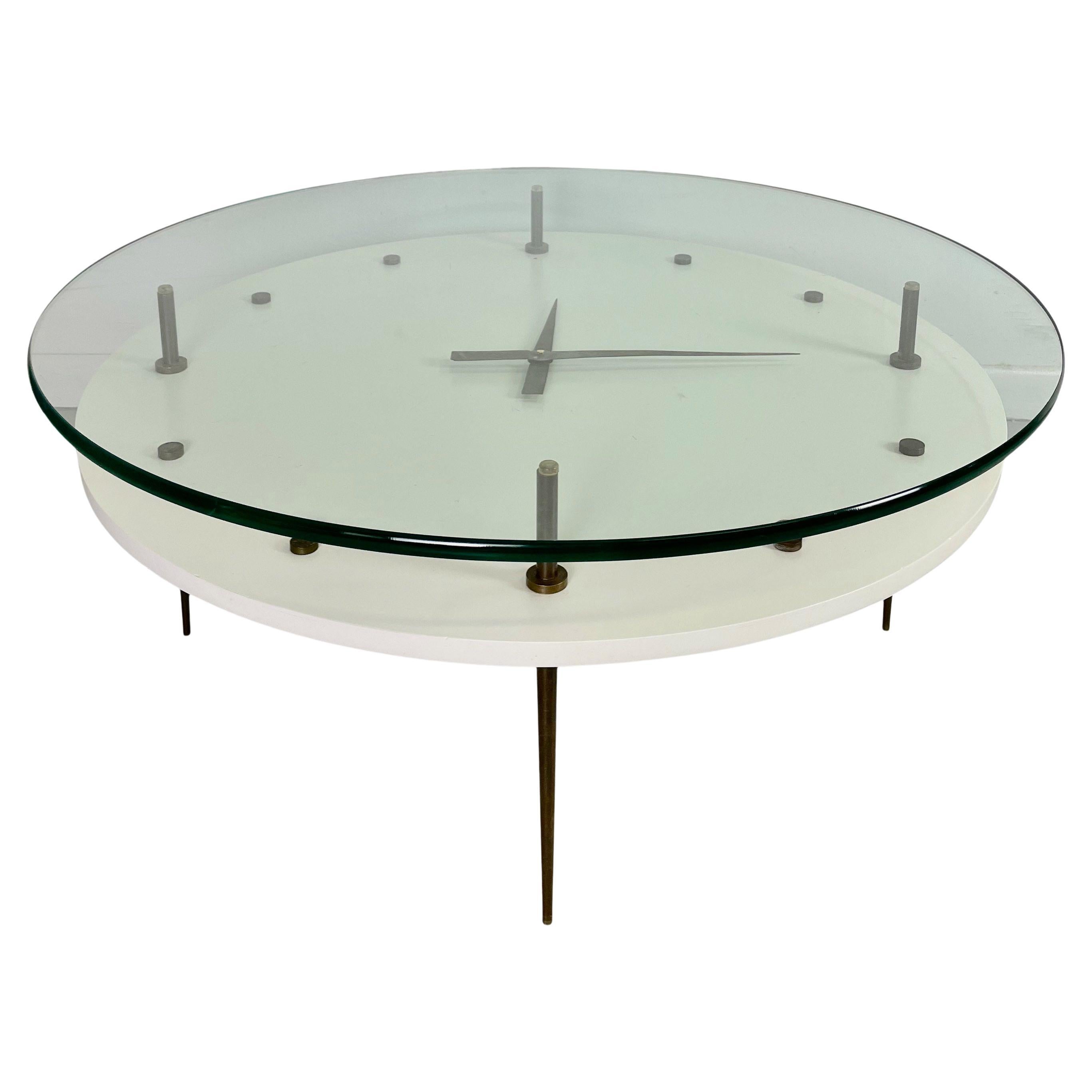 Italian Round Clock Coffee Table in Brass and Lacquer with Glass Top Mid Century For Sale