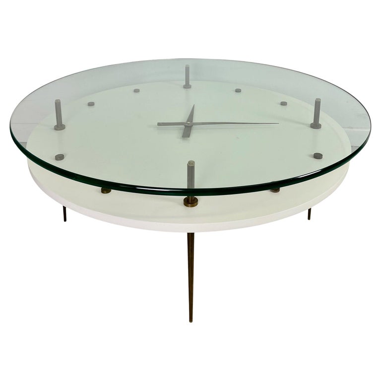 Italian Round Clock Coffee Table in Brass and Lacquer with Glass Top