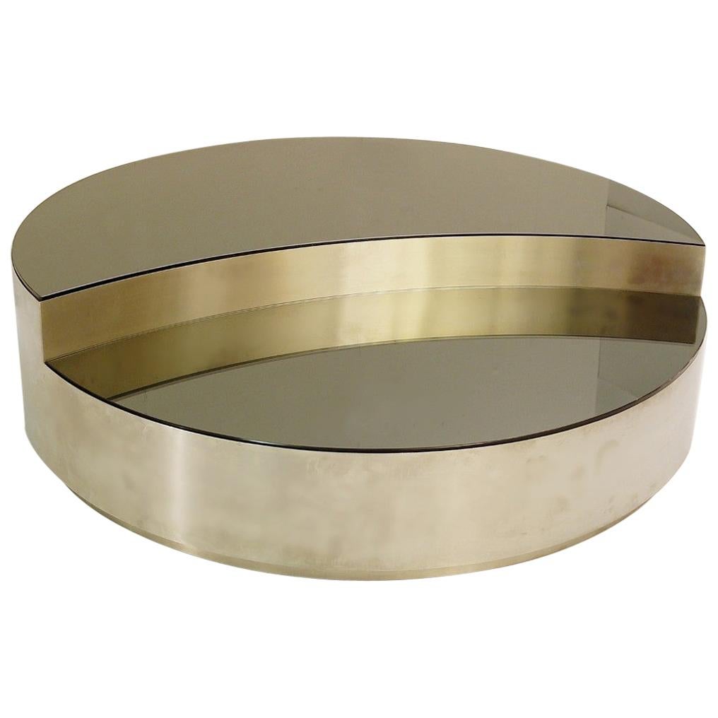 Italian Round Coffee Table in Brushed Chrome Smoked Mirror Top For Sale