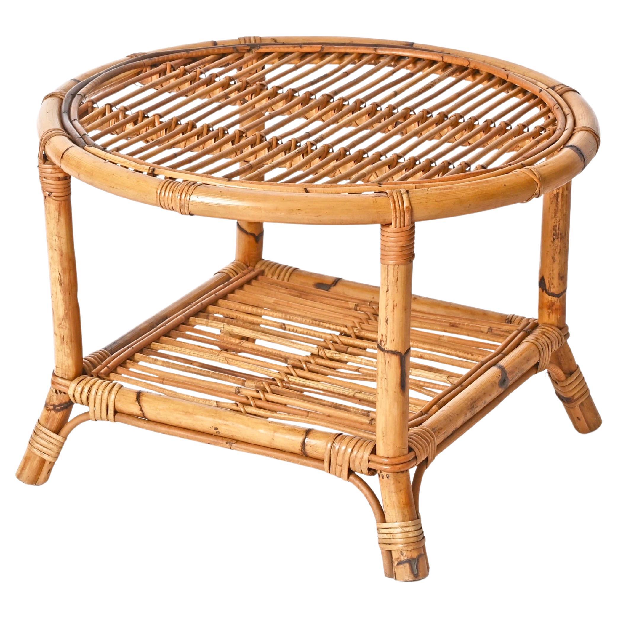 Italian Round Coffee Table in Rattan, Bamboo and Wicker, 1960s