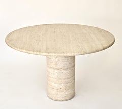 Italian Round Cream Travertine Dining or Center Table on a Round Column Base
