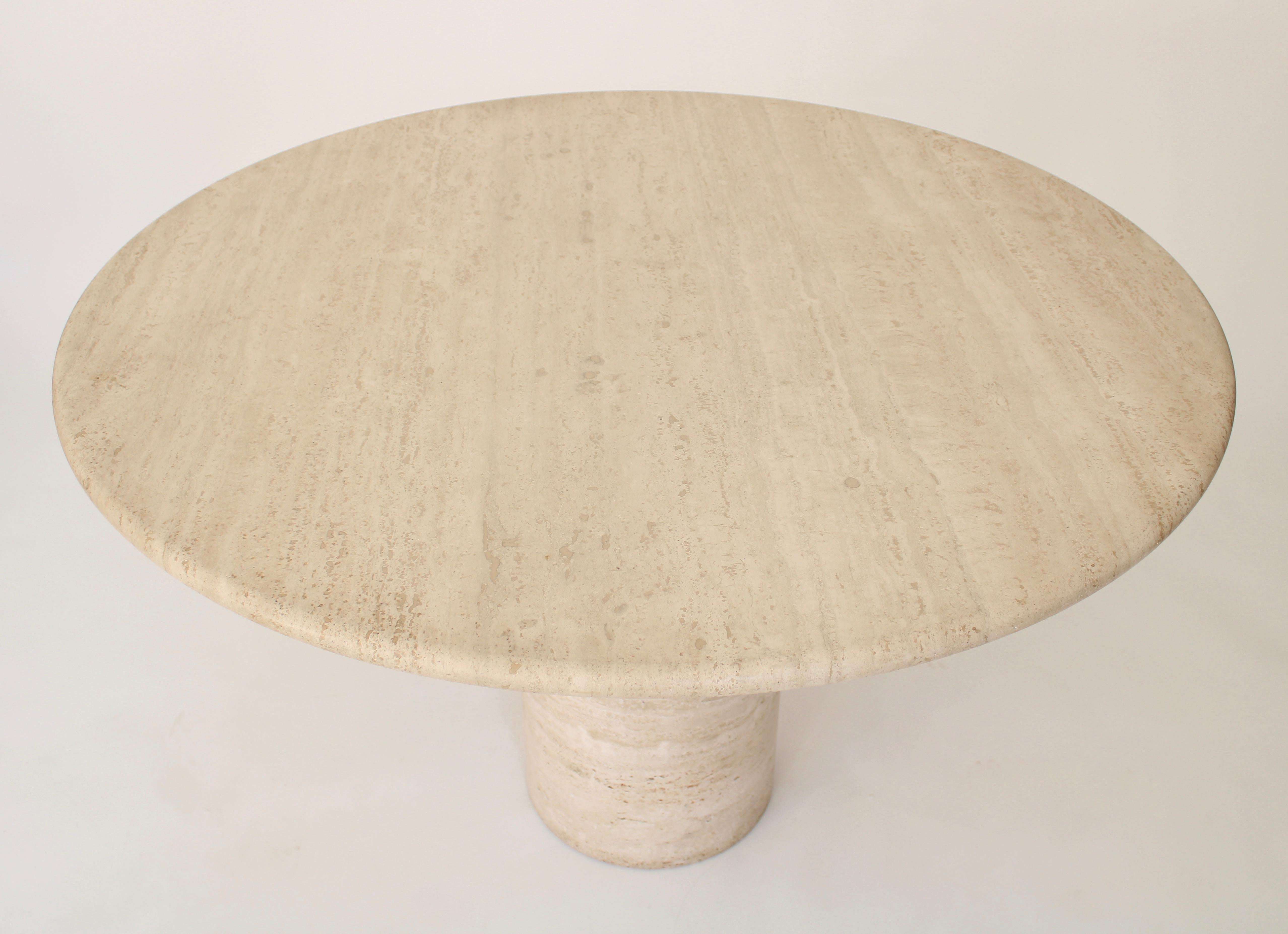 Mid-Century Modern Italian Round Cream Travertine Dining or Center Table on a Round Column Base