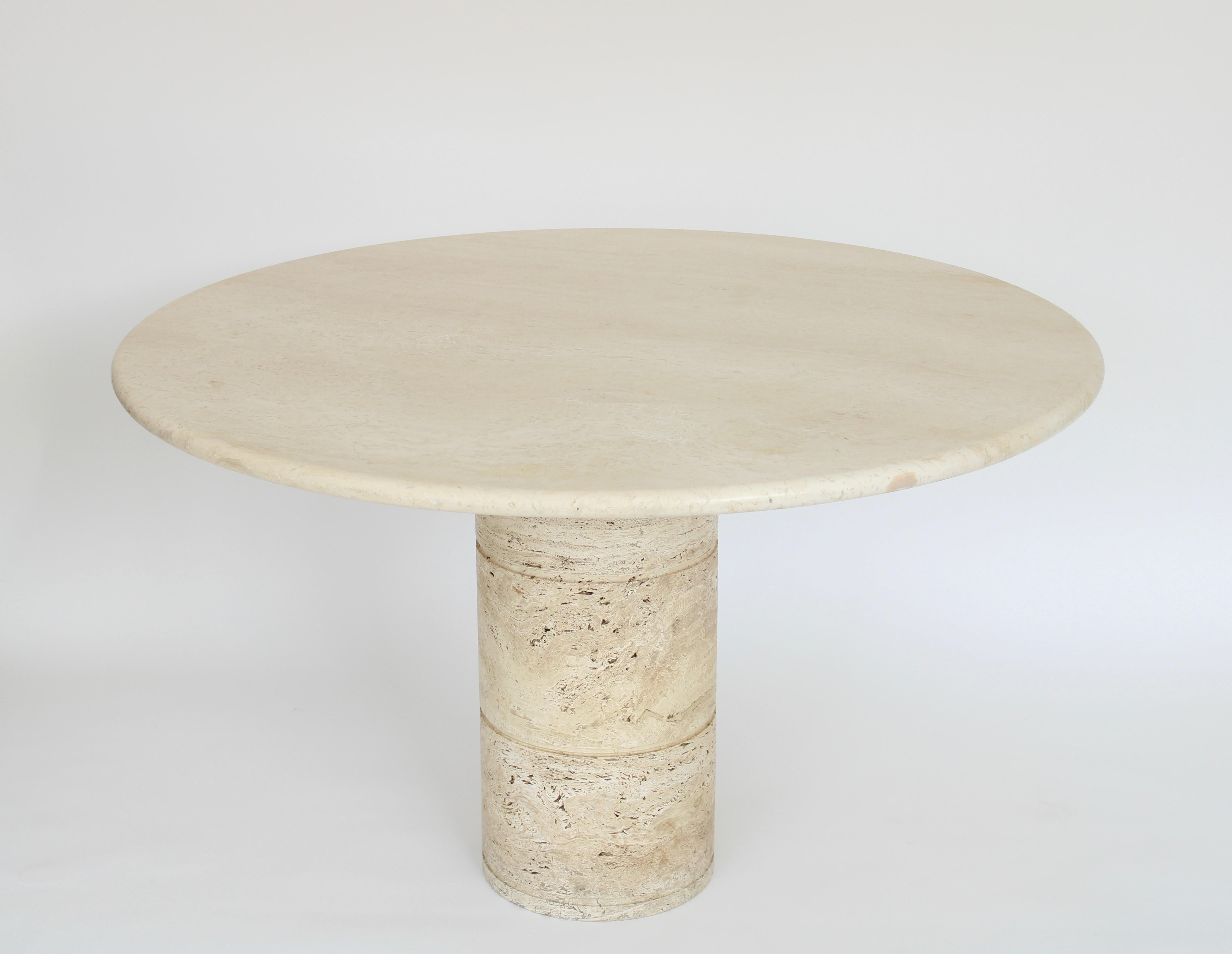 Mid-Century Modern Italian Round Cream Travertine Dining or Center Table on a Round Column Base