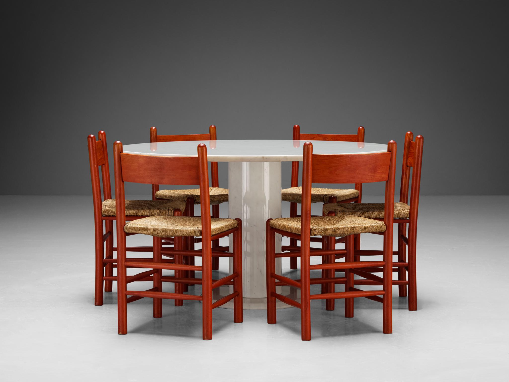 Mid-Century Modern Table de salle à manger ronde italienne en marbre avec ensemble de six chaises rouges françaises en vente