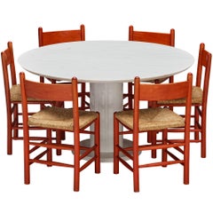 Retro Italian Round Dining Table in Marble with Set of Six French Red Chairs