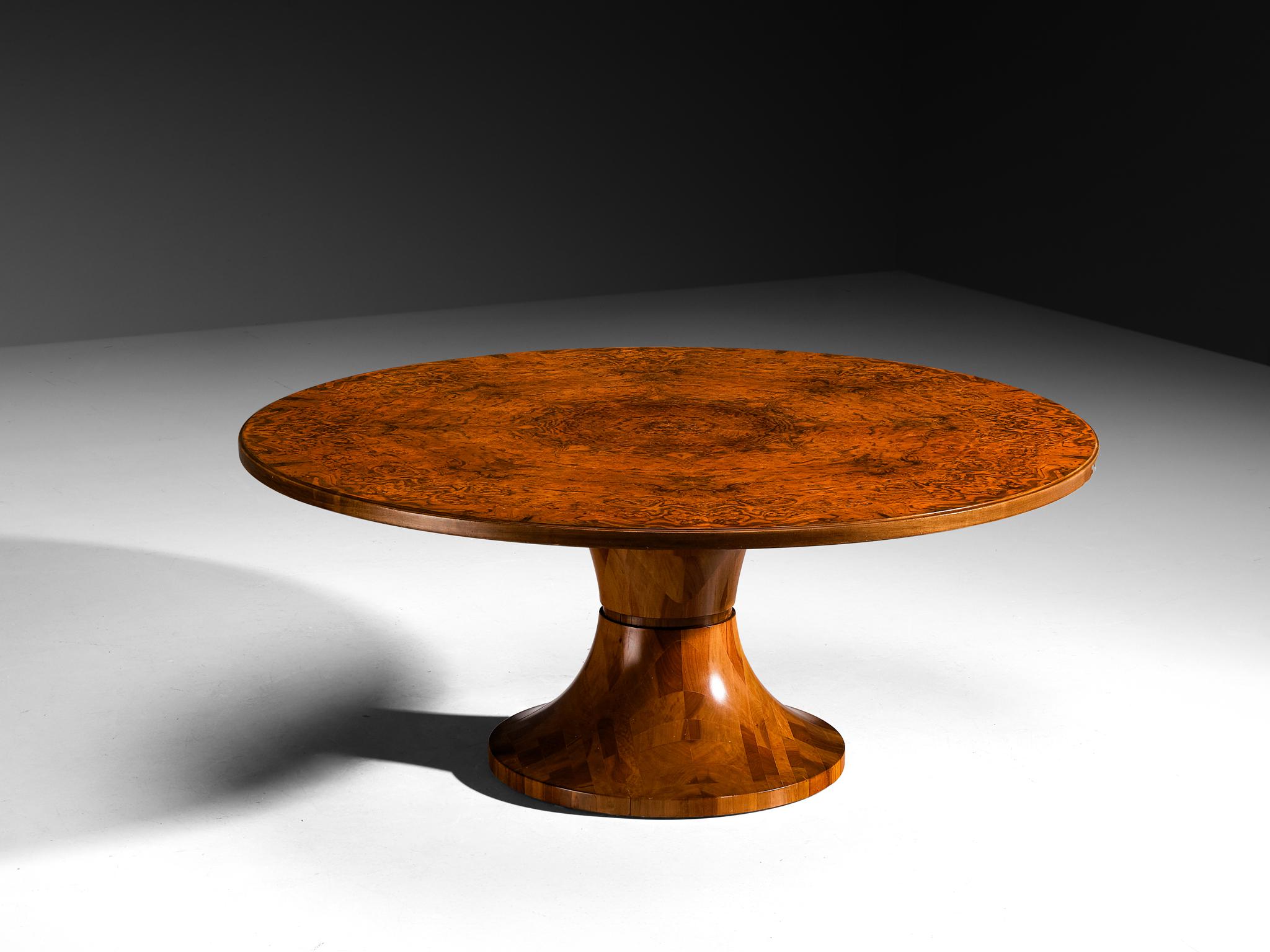 Italian Round Dining Table in Walnut Burl with Marquetry Base 180cm/70.87in 2