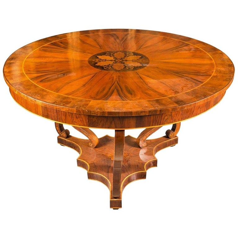 Italian Round Dining Table, Italy 19th Century Inlaid Wood Charles X Biedermeier For Sale