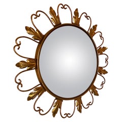 Italian Round floral shaped Brass-Gilded Mirror, 1950s