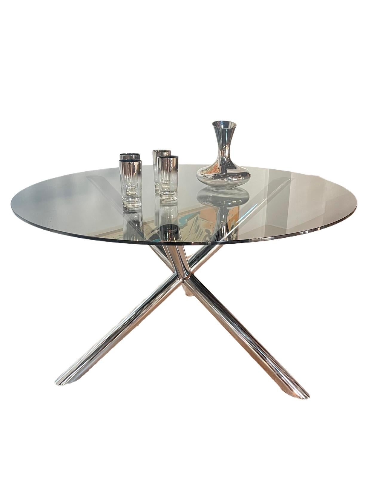 Italian Round Glass and Chromed Steel Dining Table, 1970s For Sale 1
