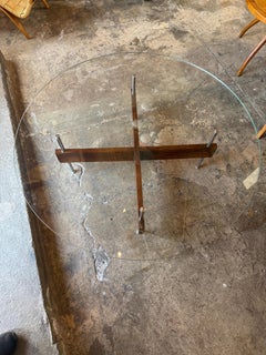 Italian Round Glass Coffee Table with Wood X-Base