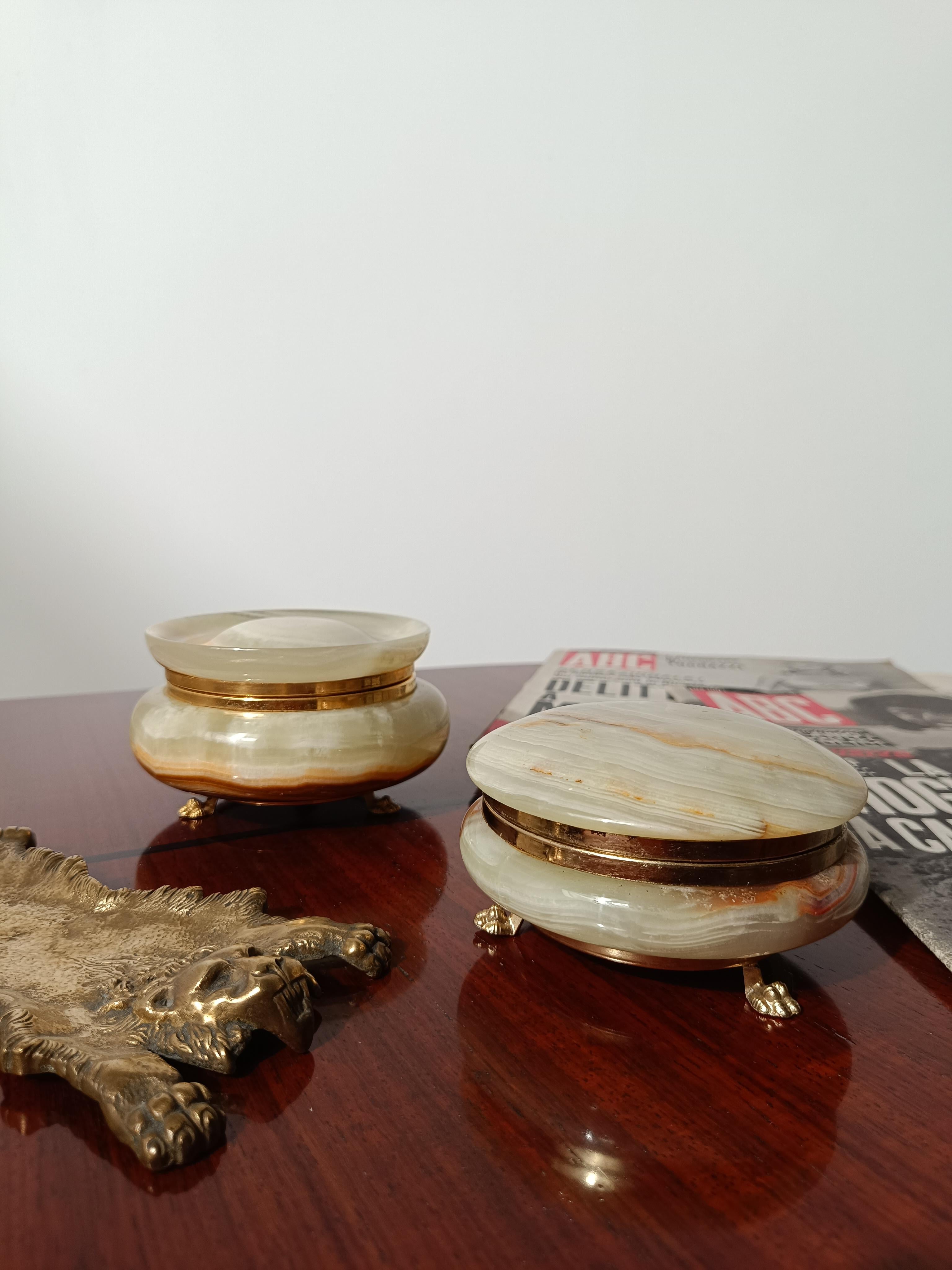 Metal Italian Round Green Onyx Marble Box with Gilded Lionfeet, 1950s