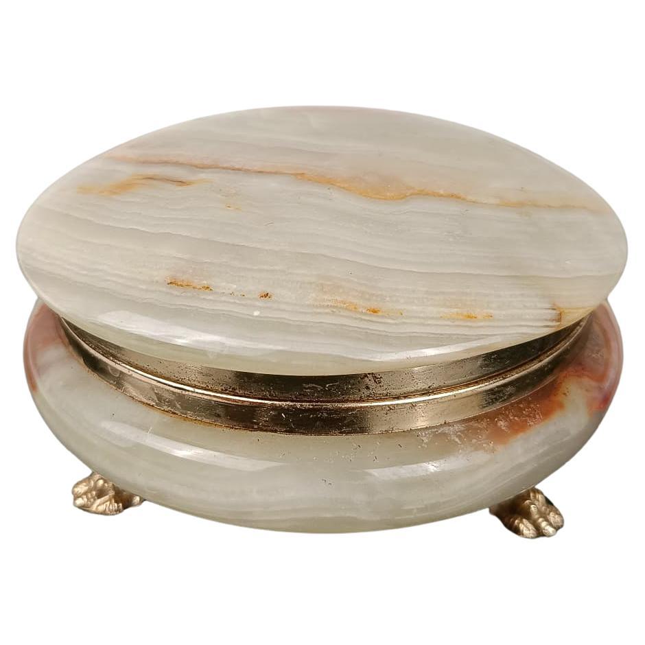 Italian Round Green Onyx Marble Box with Gilded Lionfeet, 1950s  For Sale