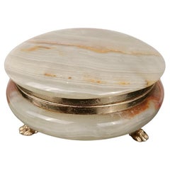 Italian Round Green Onyx Marble Box with Gilded Lionfeet, 1950s 