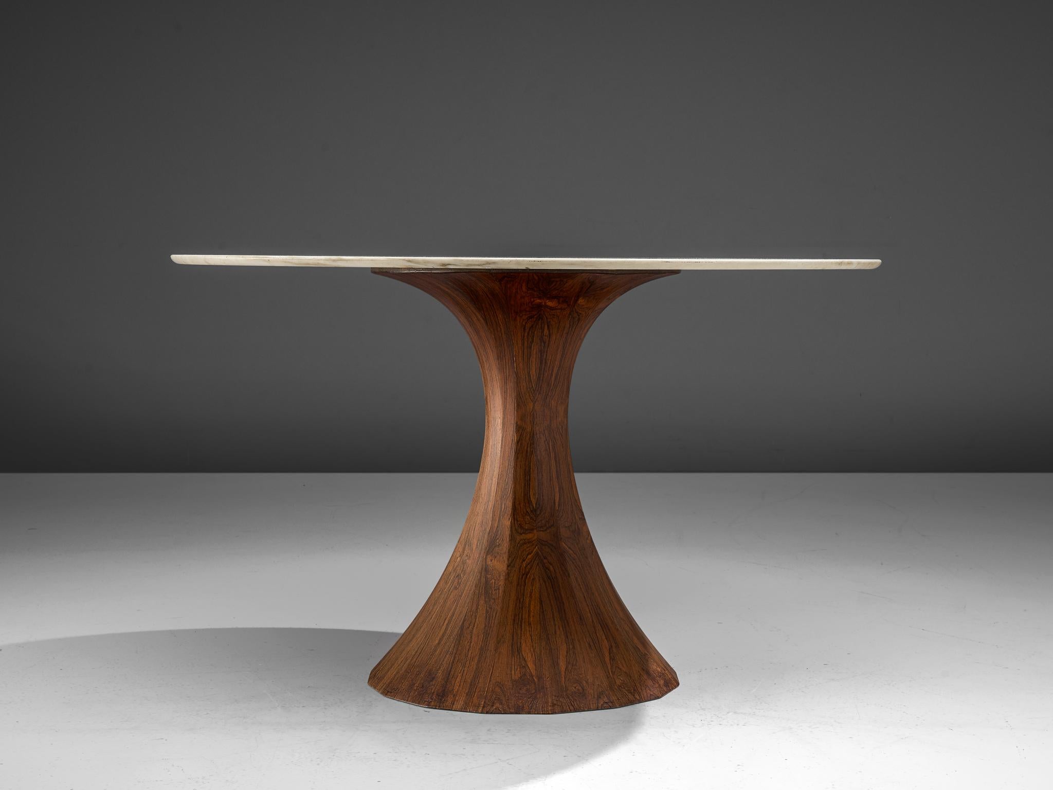Mid-Century Modern Italian Round Marble Table with Wooden Pedestal, circa 1970