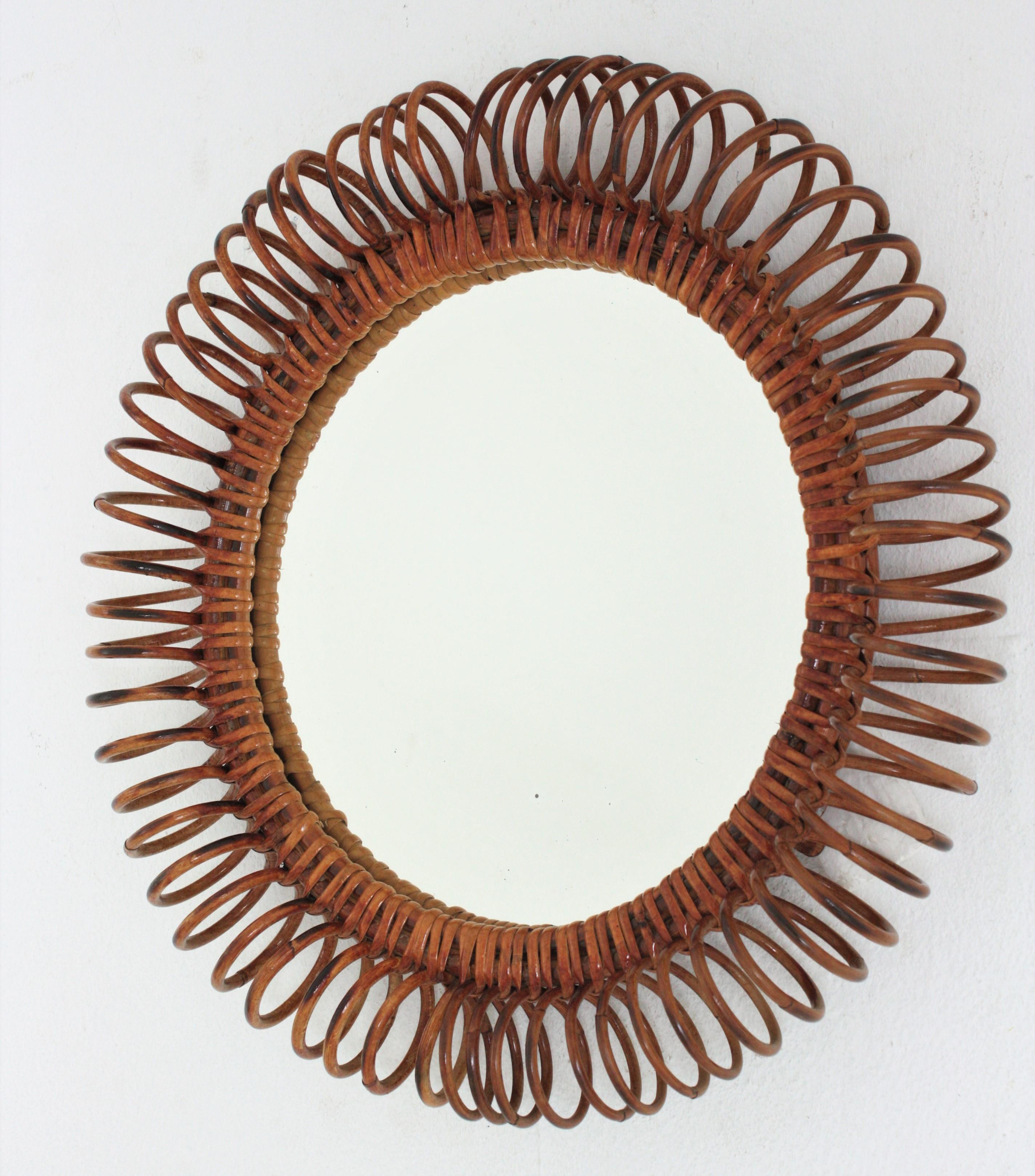 Italian Round Mirror in Rattan Attributed to Franco Albini, 1950s For Sale 4